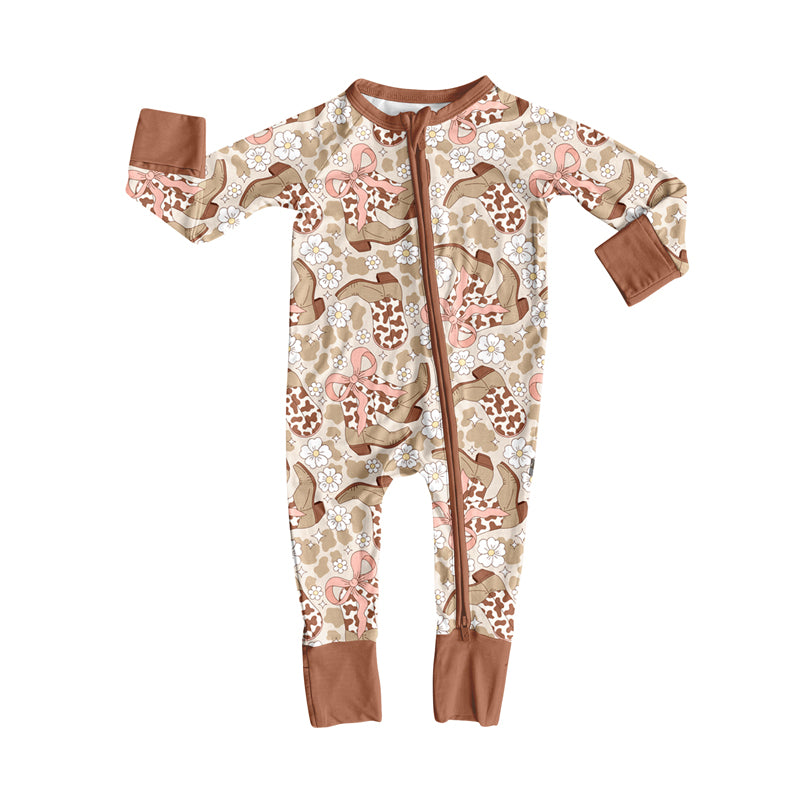 Preorder (moq 5)Baby Girls Long Sleeves Brown Cow Print Bows Boots Flowers Zipper Romper
