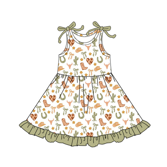 Preorder (moq 5)Baby Girls Bows Strap Boots Bows Ruffle Knee Length Dresses