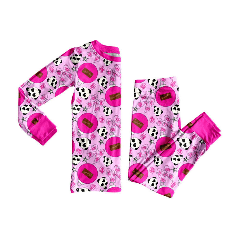 Preorder (moq 5)Baby Girls Hot Pink Cow Print Flowers Bows Top Pants Western Pajamas Sets