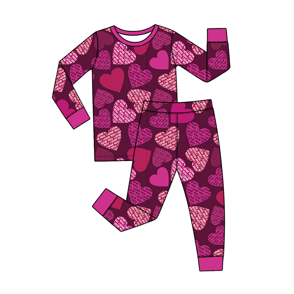Preorder (moq 5) Baby Girl Clothes Valentine I Love You Text Heart Print Long Sleeve Pajama Set