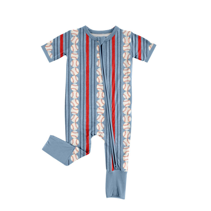 Preorder (moq 5) Baby Boy Clothes Baseball Stripe Print Short Sleeve Zip Front Romper Jumpsuit