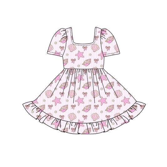 Preorder (moq 5)Baby Girls Short Sleeves Pink Stripe Bows Sea World Ruffle Knee Length Dresses