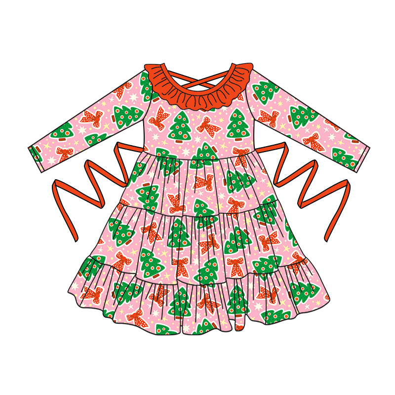 Preorder moq 5 Baby Girls Pink Long Sleeves Bows Trees With Belt Ruffle Knee Length Dresses