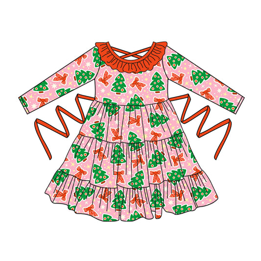 Preorder moq 5 Baby Girls Pink Long Sleeves Bows Trees With Belt Ruffle Knee Length Dresses