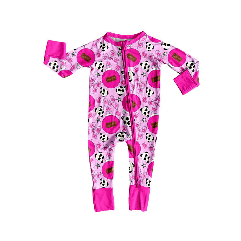 Preorder(moq 5)Baby Girls Hot Pink Flower Bows Cow Print Western Zipper Footie Rompers