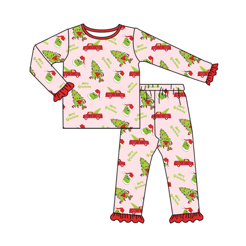 Preorder(moq 5) Baby Girls Long Ruffle Sleeves Trucks Trees Green Face Top Pants Pajamas Set