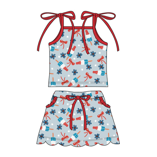 Preorder moq 5 Baby Girls Strap Popsicle Flowers Top Pockets Scallop Skirt Short 4th of July Clothes Sets