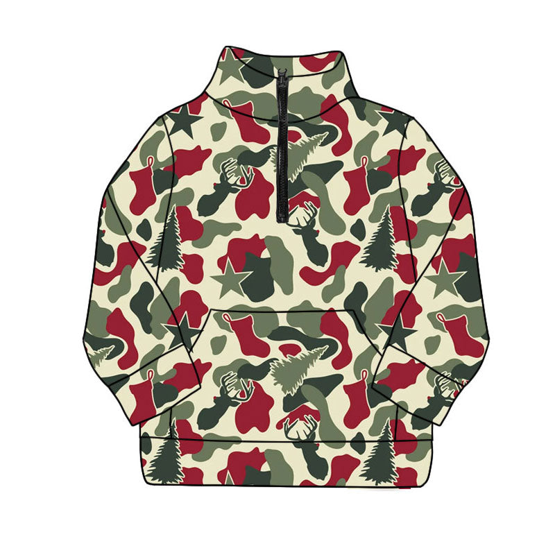 Preorder(moq 8)Baby Boys Christmas Trees Deer Camo Zipper Pocket Pullovers Top