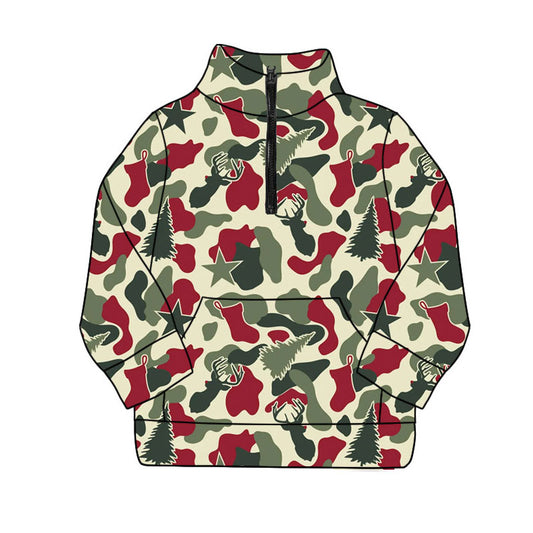 Preorder(moq 8)Baby Boys Christmas Trees Deer Camo Zipper Pocket Pullovers Top