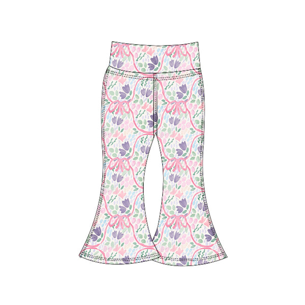 Preorder (moq 5)Baby Girls Lavender Pink Bows Floral Plaid Yoga Bell Bottom Pants