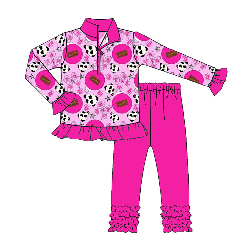 Preorder (moq 5)Baby Girls Cow Print Flower Bows Zipper Pullovers Ruffle Leggings Western Set