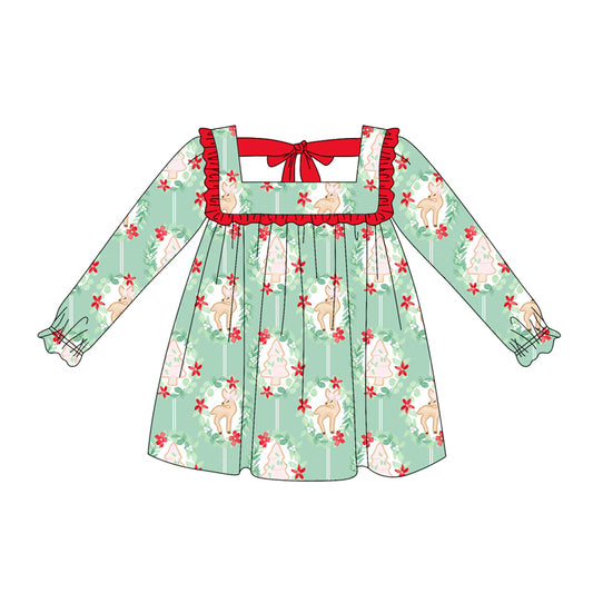 Preorder (moq 5)Baby Girls Long Ruffle Sleeves Green Trees Deer Plaid Knee Length Dresses