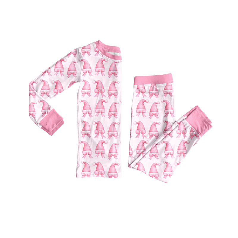 Preorder (moq 5)Baby Girls Pink Long Sleeves Christmas Hats Bows Top Pant Pajamas Set