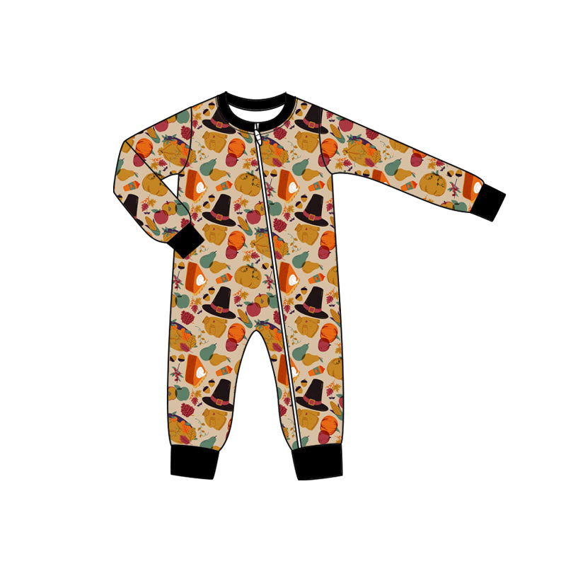 Preorder moq 5 Baby Infant Boys Long Sleeves Pumpkins Pie Plaid Zipper Romper