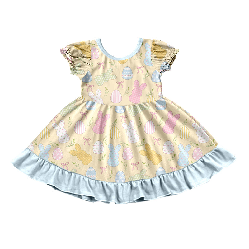 Preorder (moq 5)Baby Girls Rabbits Eggs Bows Easter Ruffle Knee Length Dress