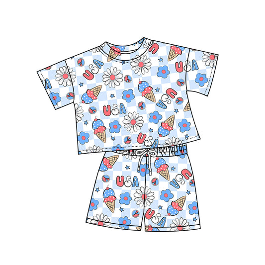 Preorder (moq 5)Baby Girls 4th Of July USA Flowers Top Shorts Clothes Sets