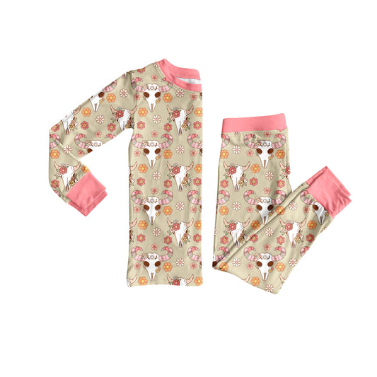 Preorder (moq 5)Baby Girls Long Sleeves Flowers Bull Skull Top Pant Pajamas Clothes Set