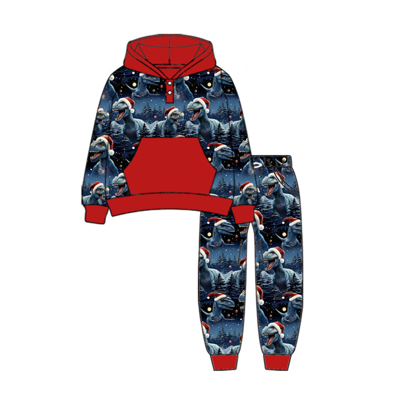 Preorder (moq 5)Baby Boys Button Pocket Hats Dinosaurs Hoodie Jogger Christmas Navy Clothes Sets