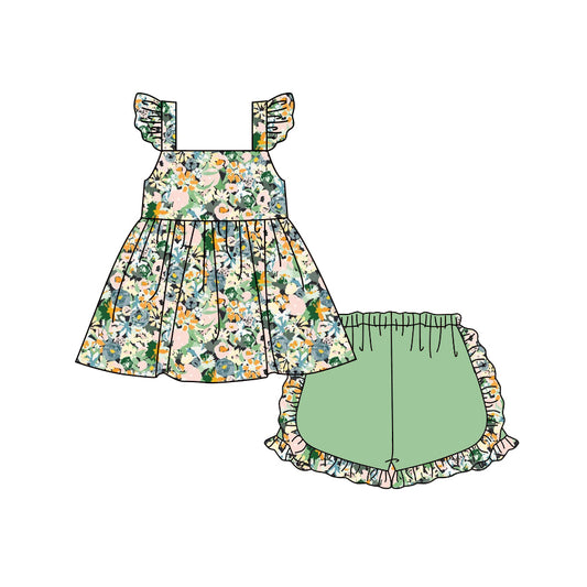 Preorder (moq 5)Baby Girls Flutter Sleeve Colorful Flowers Tunic Green Short Clothes Sets