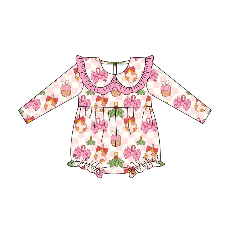 Preorder (moq 5)Baby Girls Long Sleeves Pink Bows Lights Holly Plaid Ruffle Romper