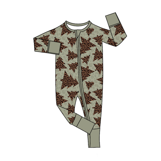 Preorder (moq 5)Baby Girls Leopard Trees Christmas Two Way Zip Convertible Rompers
