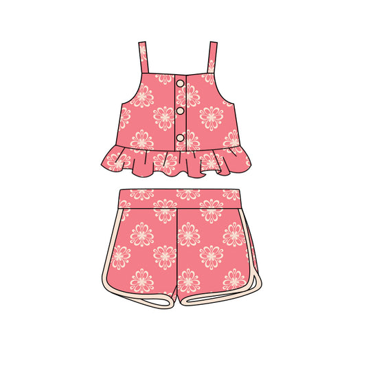 Preorder (moq 5)Baby Girls Pink Flowers Straps Top Shorts Clothes Sets