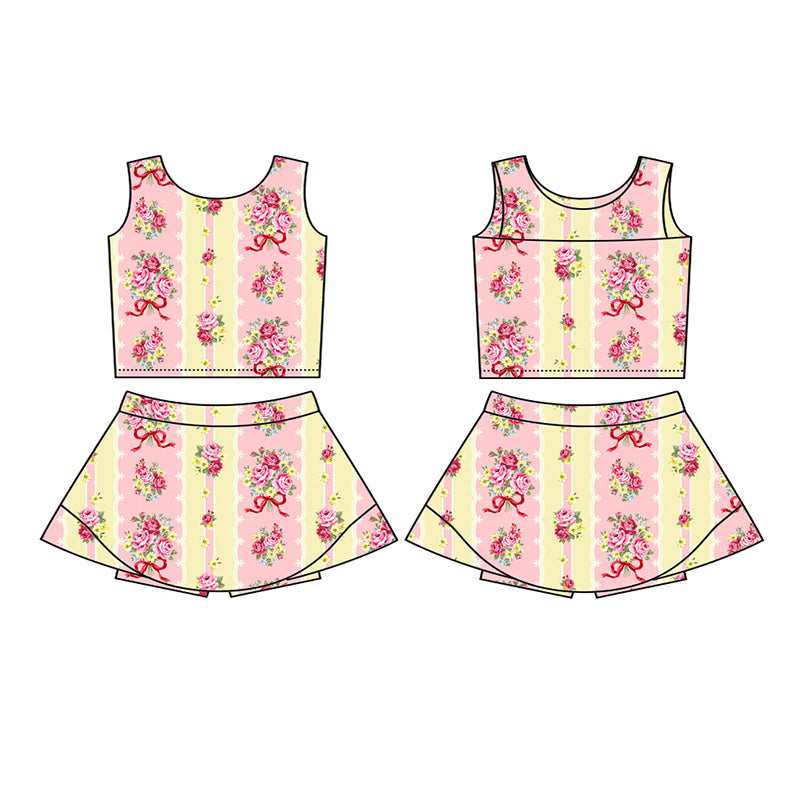 Preorder (moq 5)Baby Girls Pink Bows Floral Stripe Top Skort Yoga Active Wear Set