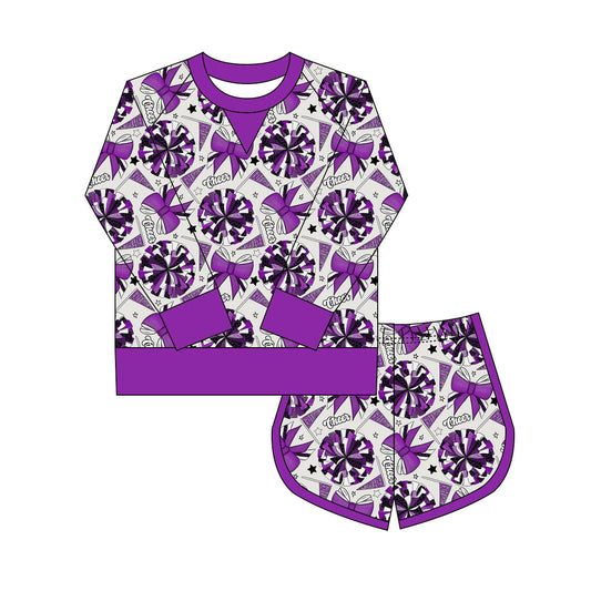 Preorder(moq 8)Baby Girls Purple Bows Go Footballs Long Sleeve Top Shorts Team Clothes Set