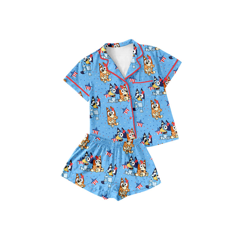 Preorder (moq 5)Baby Girls Blue Short Sleeves Button Pocket Cartoon Dogs Stars Top Short 4th Of July Pajamas Set