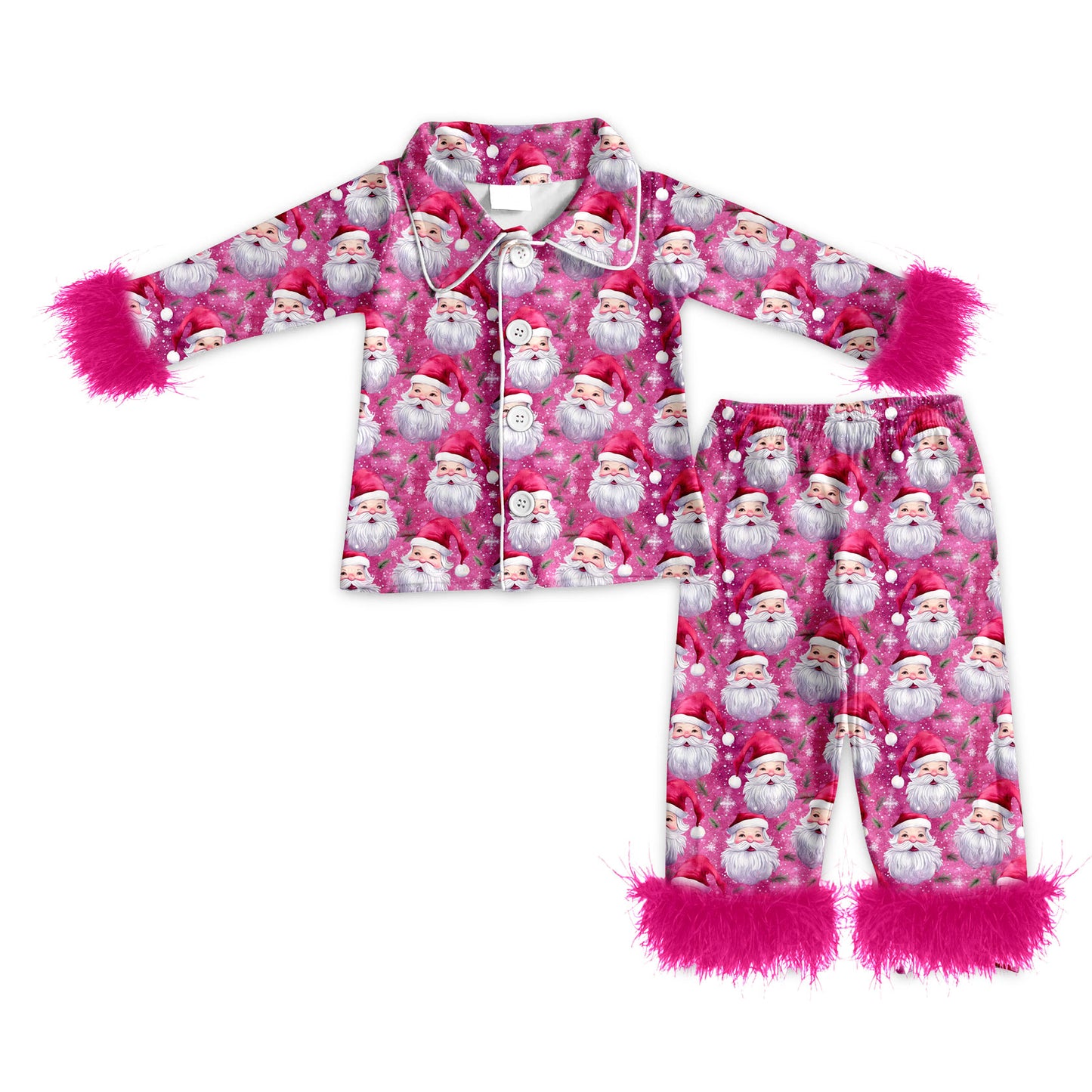 Preorder (moq 5)Baby Girls Hot Pink Santa Button Top Pants Christmas Fur Pajamas Sets