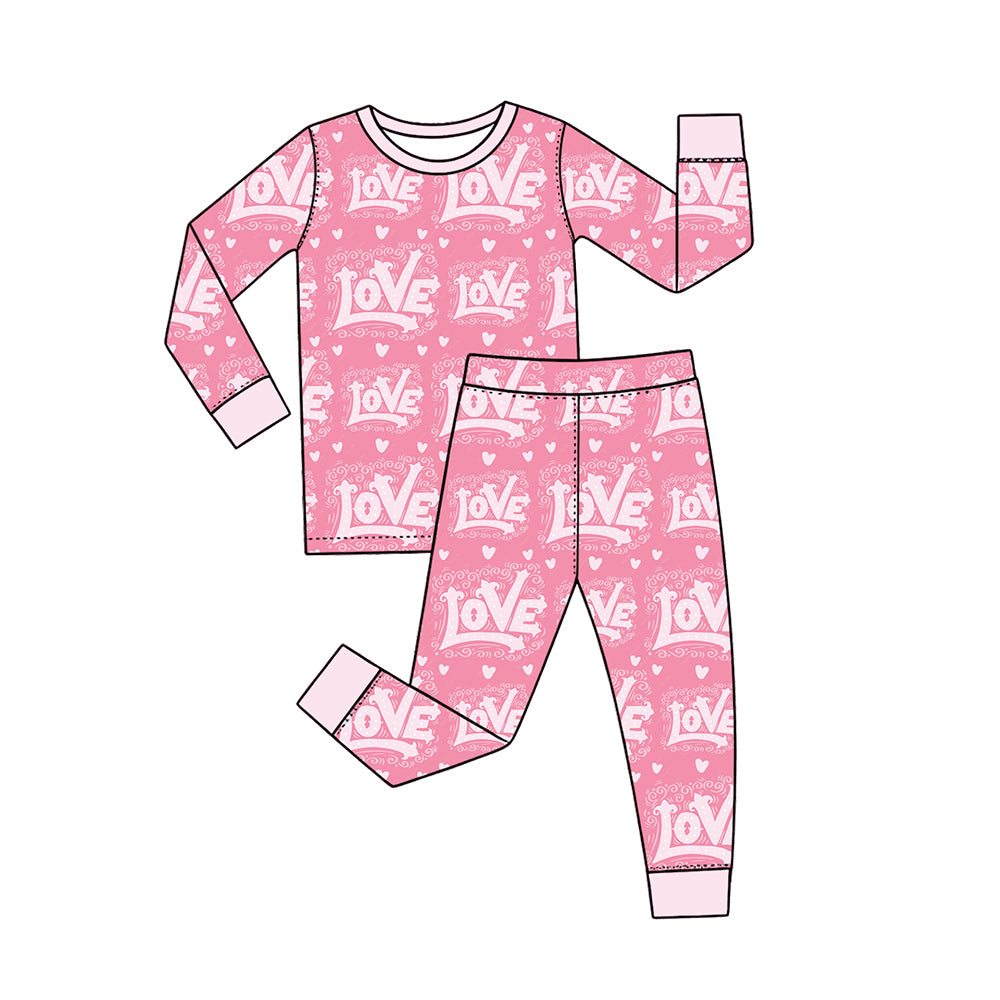 Preorder (moq 5) Baby Girl Clothes Valentine Vintage LOVE Letter Pink Heart Print Long Sleeve Pajama Set