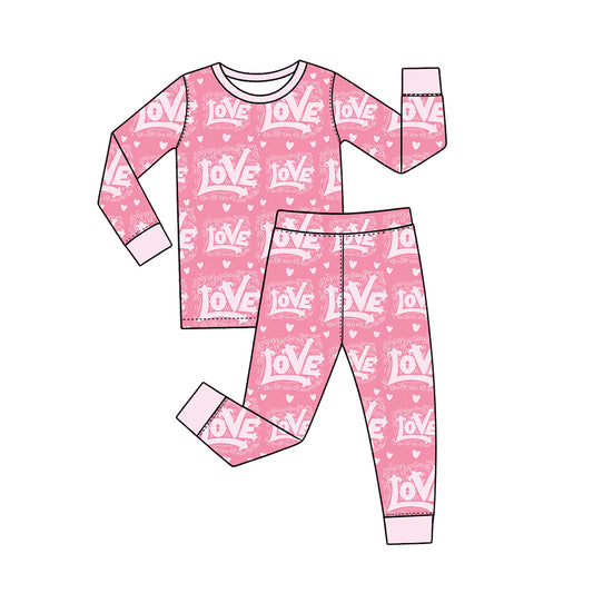 Preorder (moq 5) Baby Girl Clothes Valentine Vintage LOVE Letter Pink Heart Print Long Sleeve Pajama Set