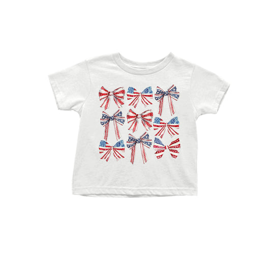 Preorder (moq 5)Baby Kids White Short Sleeves Blue Red Bows 4th Of July Tee Shirts Top