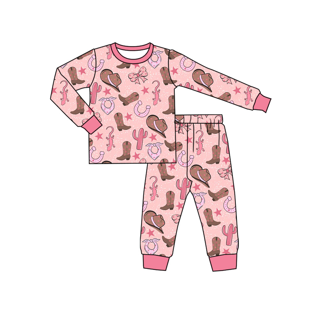 Preorder (moq 5)Baby Kids Long Sleeve Hats Boots Cactus Top Pants Western Pajamas Sets