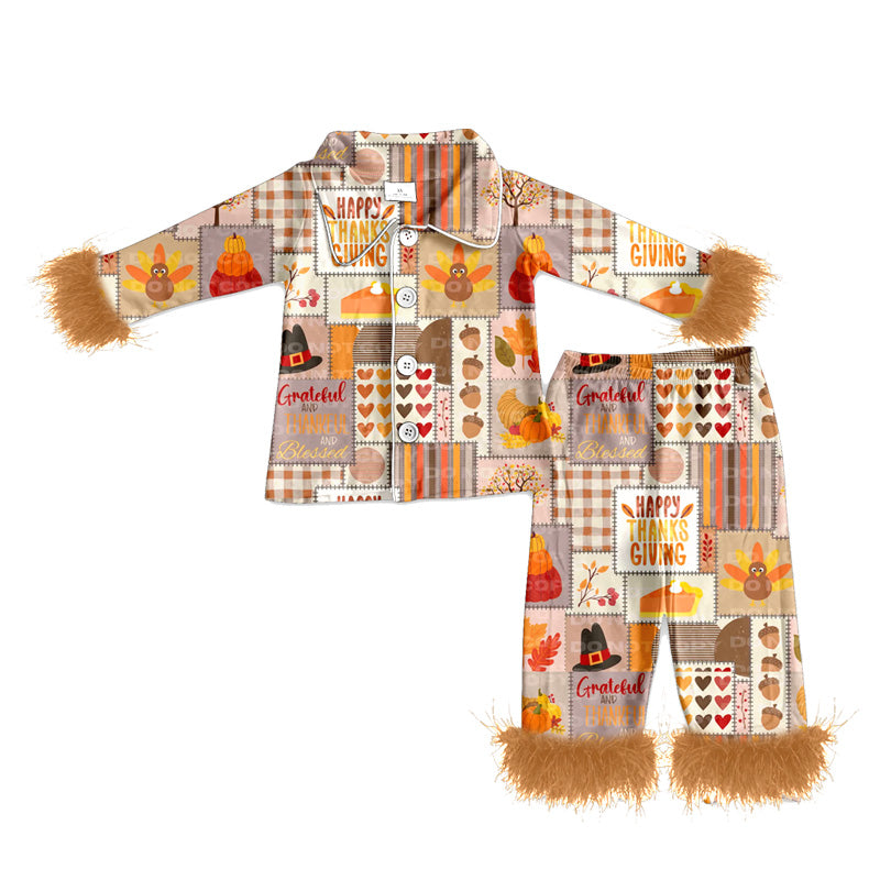 preorder(MOQ 5)Baby Girls Thanksgiving Turkey Pies Fur Top Pants Pajamas