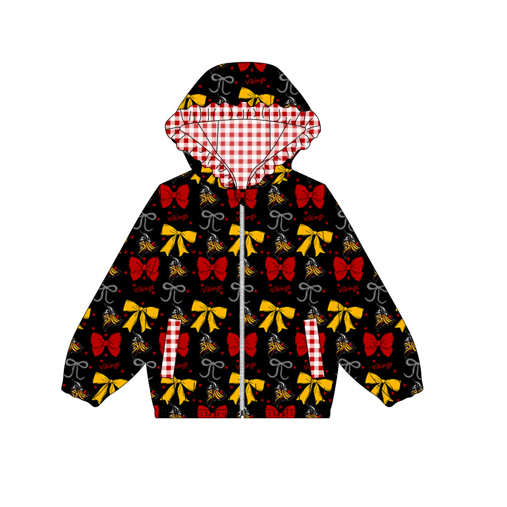 Preorder (moq 5)Baby Girls Black Vikings Bows Zip Ruffle Hooded Cardigan Jackets Tops