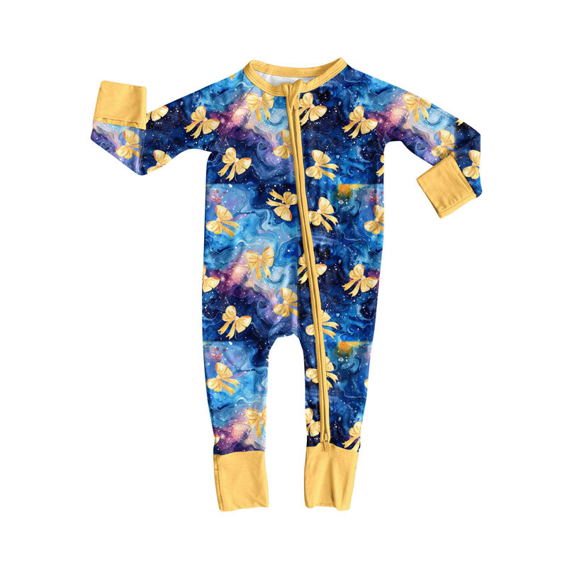Preorder (moq 8)Baby Girls Yellow Bows Zipper Footie Rompers