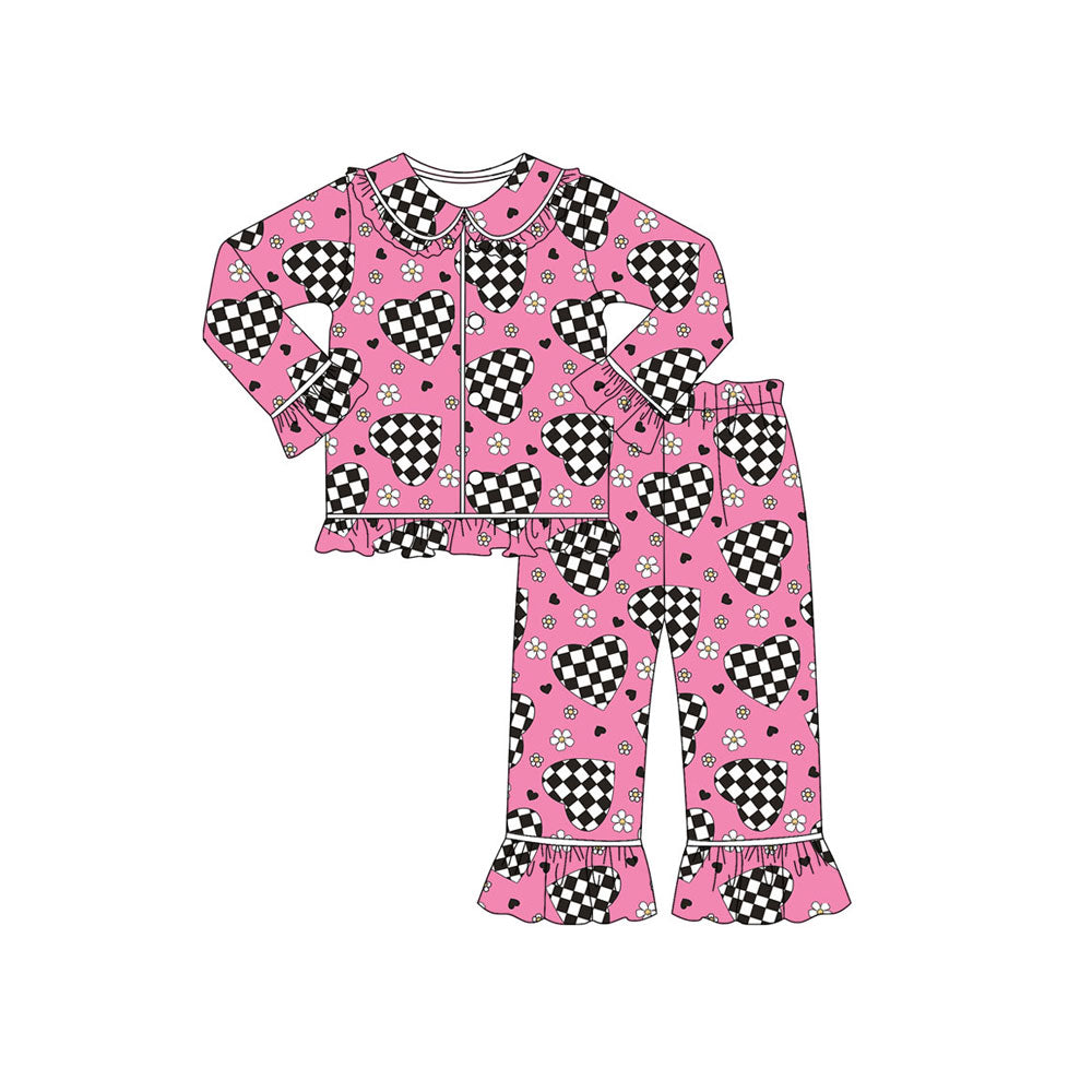 Preorder (moq 5)Baby Girls Black Checked Hearts Button Top Ruffle Pants Valentine Pajamas Sets