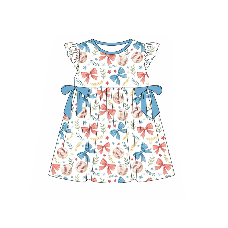 Preorder moq 5 Baby Girls Flutter Sleeves Blue Red Bows Baseballs 4th Of July Knee Length Dress
