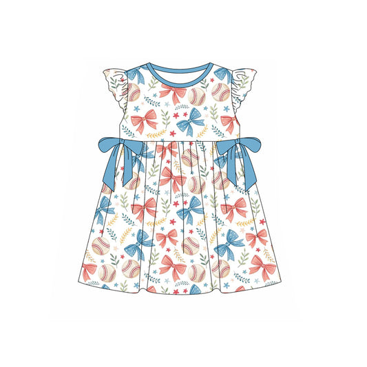 Preorder moq 5 Baby Girls Flutter Sleeves Blue Red Bows Baseballs 4th Of July Knee Length Dress