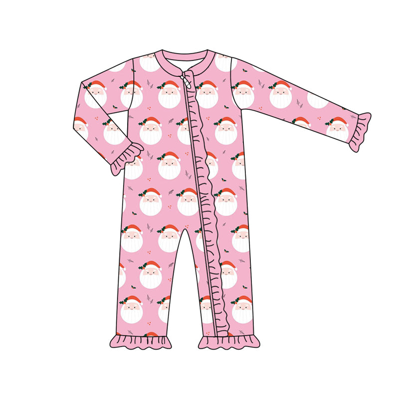 Preorder (moq 5)Baby Girls Pink Long Sleeves Santa Holly Plaid Ruffle Zipper Romper