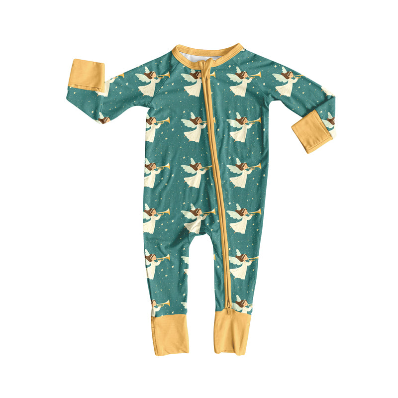 Preorder(moq 5)Baby Infant Boys Green Angles Plaid Christmas Zipper Rompers