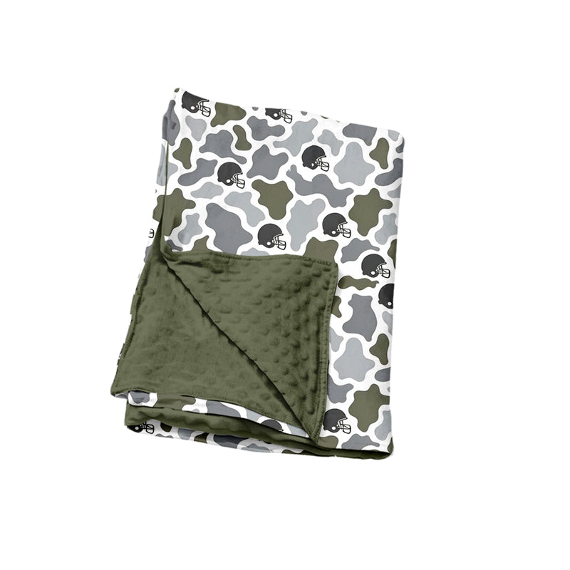 Preorder (moq 5) Baby Blanket Olive Grey Camo Football Helmet Print Minky Dot Backing Baby Swaddle Blanket