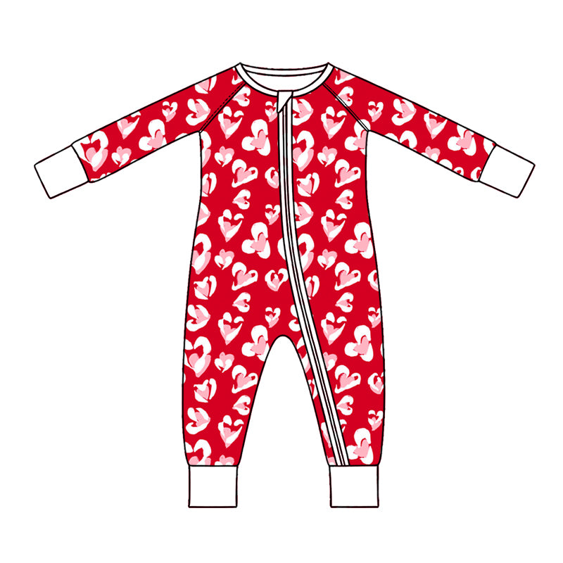 Preorder (moq 5) Baby Girl Clothes Red Watercolor Heart Print Long Sleeve Zipper Romper