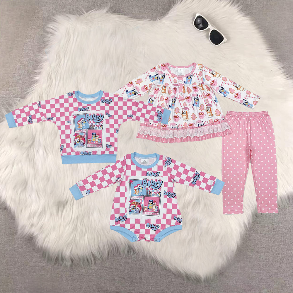 Sibling Baby Girls Christmas Blue Dogs Rompers Shirts Tunic Legging Pant Set
