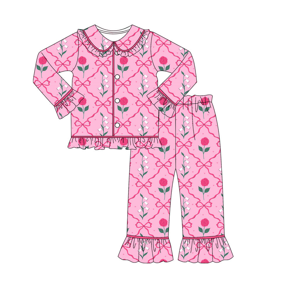 Preorder (moq 5)Baby Girls Pink Bows Flowers Checked Button Top Pants Valentine Pajamas Sets