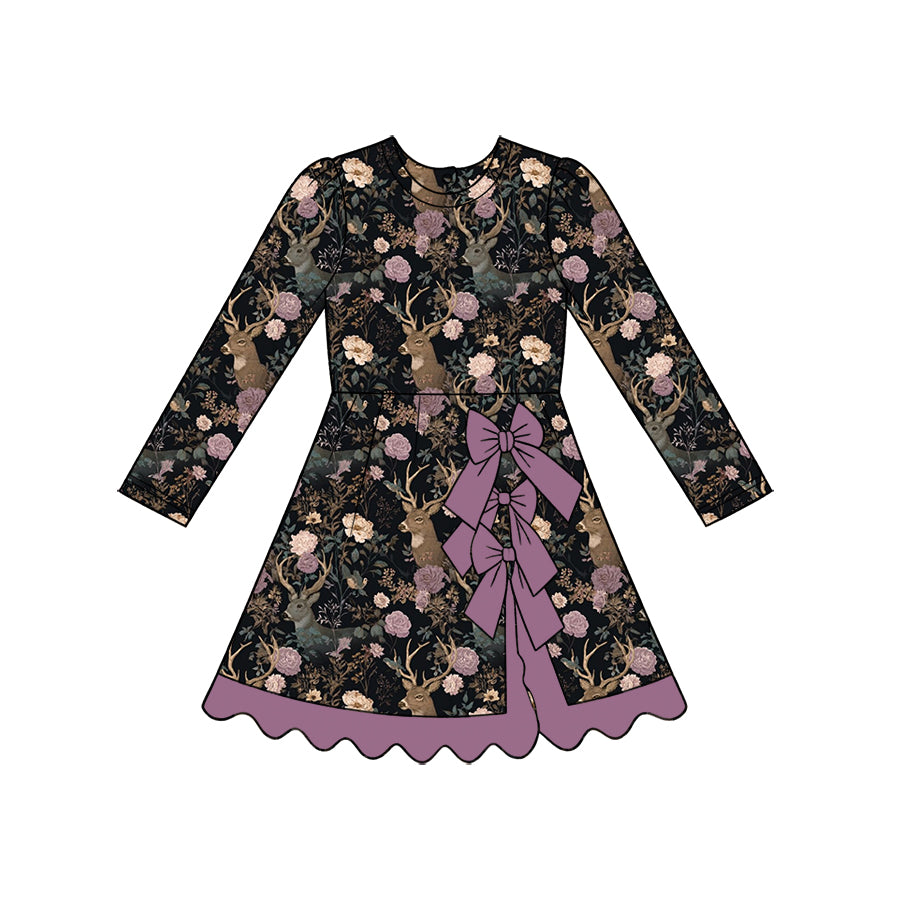 Preorder (moq 5) Baby Girl Deer Head Floral Print Long Sleeve Bow Back Scallop Hem Dress