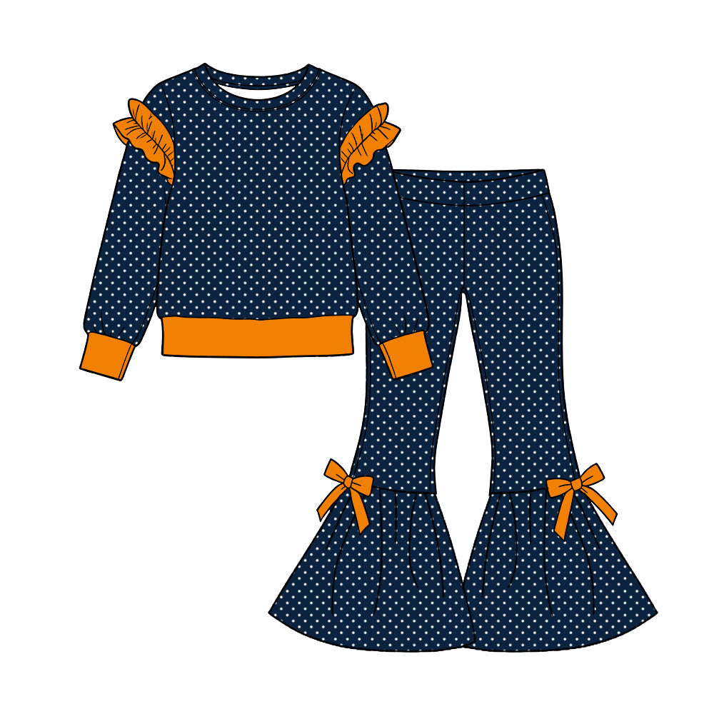 Preorder (moq 5) Baby Girl Clothes Navy White Polka Dot Mixed Print Long Sleeve Flare Pant Set