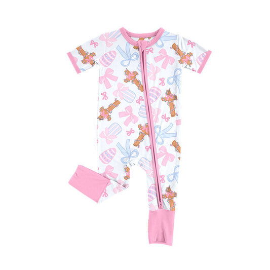 Preorder(moq 8)Baby Girls Pink Bows Eggs Crosses Easter Zipper Footie Rompers