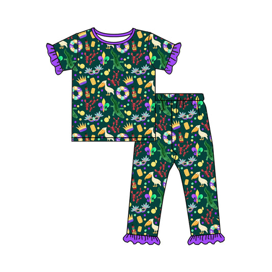 Preorder (moq5) Baby Girls Mardigras Donuts Crayfishes Top Ruffle Pant Pajamas Set
